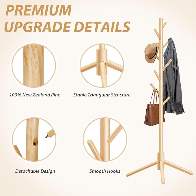 Durable Wooden Coat Rack, Freestanding Coat Rack with Stable Triangular Base, 8 Hooks & 3 Adjustable Heights, Simple Assembly for Bedroom, Hallway, Office(New Nature)-NeatNest