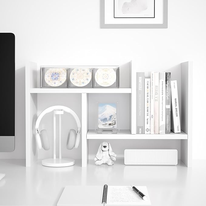 Jerry & Maggie Desktop Organizer Office Storage Rack Adjustable Wood Display Shelf Free Style Double H, Multi-Functional Mini Bookshelf for Desk Natural Stand (White)-NeatNest