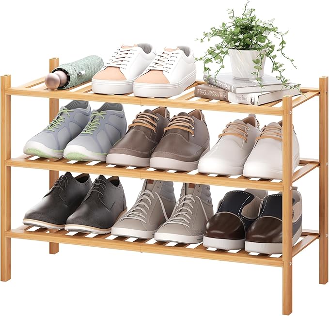 BMOSU 3-Tier Bamboo Shoe Rack Premium Stackable Shoe Shelf Storage Organizer for Hallway Closet Living Room Entryway Organizer (Natural Bamboo)-NeatNest