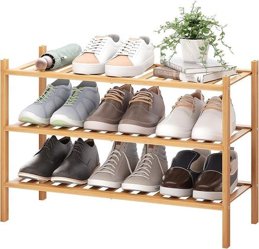 BMOSU 3-Tier Bamboo Shoe Rack Premium Stackable Shoe Shelf Storage Organizer for Hallway Closet Living Room Entryway Organizer (Natural Bamboo)-NeatNest