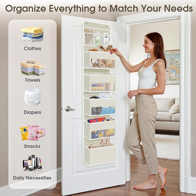 6-Tier Over The Door Organizer, Hanging Storage Organizer with Clear Window, 40lb Ultra Sturdy Large Capacity Room Organizer for Pantry Bathroom Nursery Closet Baby Essential (Beige)-NeatNest
