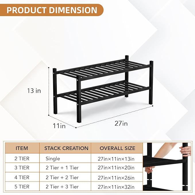 2 Tier Bamboo Shoe Rack Storage Organizer for Closet, Multifunctional Stackable Free Standing Shoe Shelf Organizer for Small Space,Entryway,Hallway,Bathroom 27"x11"x13" (Black, 2 Tier)-NeatNest