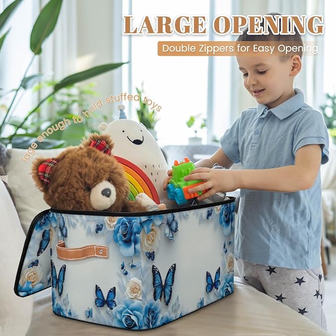 Butterfly Storage Bins with Zipper Lid, Blue Rose Lidded Storage Baskets Boxes Foldable Organizer with Leather Handles for Clothes Closet Shelf Toys-NeatNest