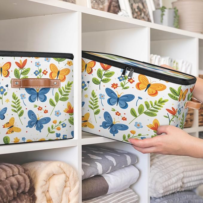Boho Butterfly Storage Bins with Zipper Lid, Spring Plant Lidded Storage Baskets Boxes Foldable Organizer with Leather Handles for Clothes Closet Shelf Toys-NeatNest