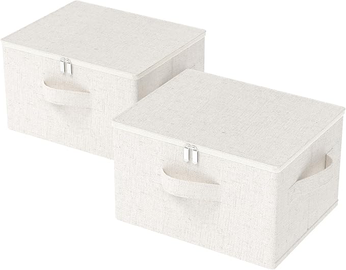 Fabric Underbed Storage Bins with Lid, Foldable Cube Organizer, Home Wardrobe Containers Box for Organizing Clothes, Shoes, Blankets, Pillows, 19.6x15.7x11.8Inches, Beige, 2 Pack-NeatNest