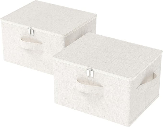 Fabric Underbed Storage Bins with Lid, Foldable Cube Organizer, Home Wardrobe Containers Box for Organizing Clothes, Shoes, Blankets, Pillows, 19.6x15.7x11.8Inches, Beige, 2 Pack-NeatNest