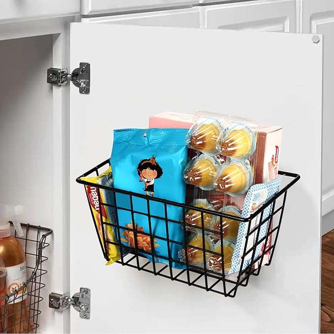 Orgneas Hanging Wall Baskets with Adhesive, Over the Cabinet Door Organizer Wire Storage Baskets for Kitchen Cabinet Pantry RV Storage and Organization, Black, 4 Packs