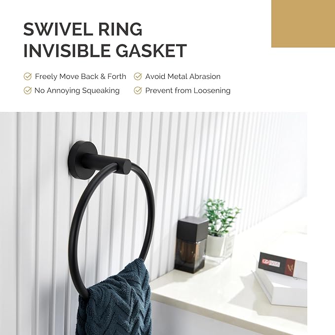 Towel Ring Matte Black, Angle Simple Stainless Steel Bathroom Hand Towel Rack, Wall Mounted Face Towel Holder