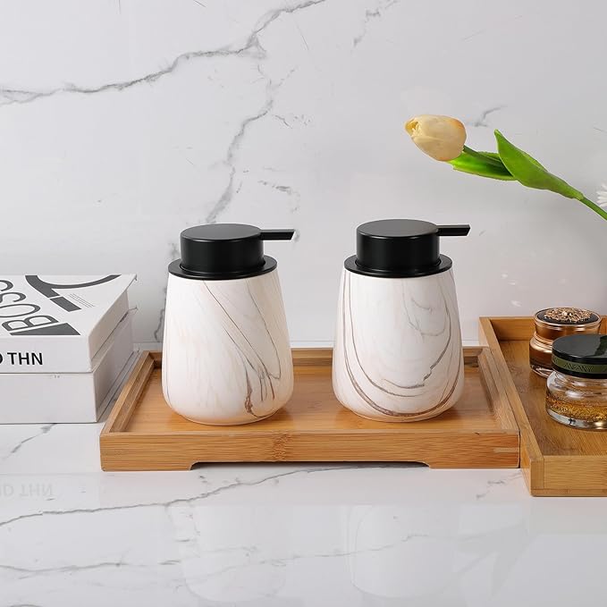 12Oz Foam Hand Soap Dispenser - Modern Ceramic Foaming Soap Dispenser with Easy-to-Press Pump, Reusable and Refillable Liquid Dish Soap Dispensers for Bathroom & Kitchen, Marble Brown-NeatNest