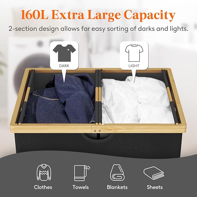 Lifewit 160L Double Laundry Hamper with Lid, Extra Large Bamboo Laundry Basket Dirty Clothes Hamper, 2 Section Laundry Bin Organizer for Laundry Room Bedroom with 2 Removable Liners & Bags, Dark Black-NeatNest