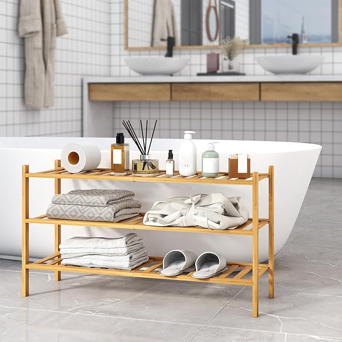Long Shoe Rack, 3-Tier Bamboo Stackable Shoe Shelf Storage Organizer, Shoe Stand for Closet, Entryway and Hallway-NeatNest