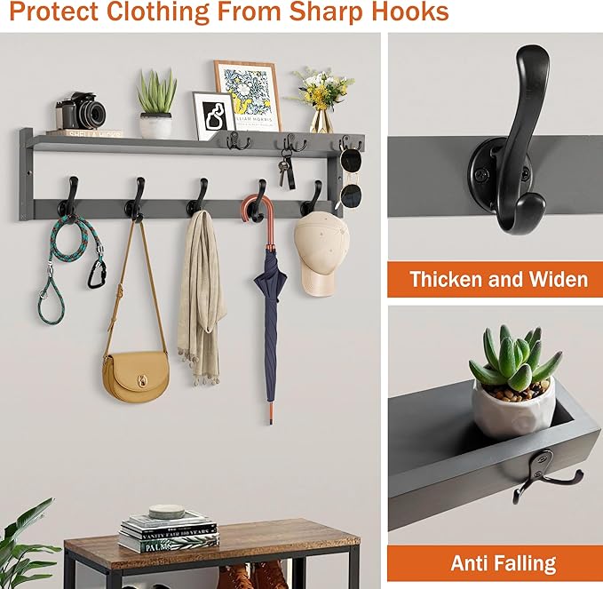 29'' Coat Rack Wall Mount with Shelf, Coat Hanger with Key Hooks and Mail Holder, Wood Entryway Wall Floating Shelf with Hooks and Storage, Hat Rack Key Holder Mail Organizer