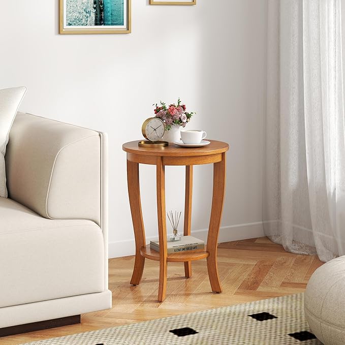 GOFLAME 2-Tier Round End Table Set of 2, 18” Sofa Side Table with Storage Shelf, Floor Tea Tables with Solid Wood Legs, Compact Nightstand for Small Space, Living Room, Bedroom, Light Brown