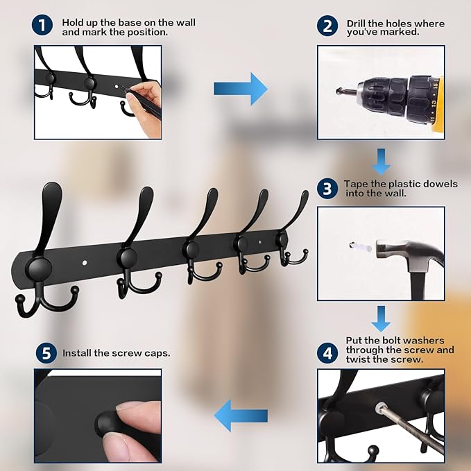 2 Pack 5 Tri-Hooks Coat Rack Wall Mounted - Thickened 304 Stainless Steel Coat Hooks, 16 Inches Heavy Duty Coat Rack Wall Mount, Anti-Sliding Towel Hooks, Holding up to 44 lbs, Matte Black