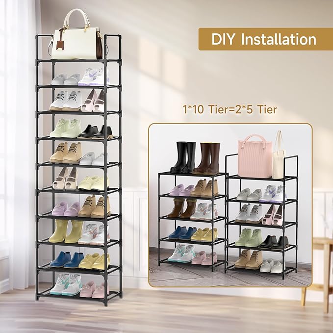 barsone Shoe Rack 10 Tiers, 20-25 Pairs Shoe Organizer Storage Shelf Stand Tower Shoe Rack, Space Saving Shoe Shelves Narrow Free Standing Shoe Rack for Closet Entryway Hallway Apartment Garage-NeatNest