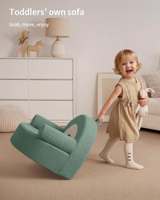 Blissful Diary Toddler Chair Comfy, Foam Kids Chair with Soft Teddy Plush, Toddler Reading Chair with Cute Arclet Designs- Sage Green-NeatNest