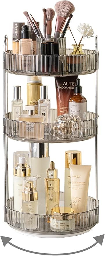 360 Rotating Makeup Organizer,3 Tier Large Capacity Make Up Organizers and Storage,Skincare Perfume Vanity Organizers,Bathroom Cosmetics Storage Organizer Countertop(Grey)-NeatNest