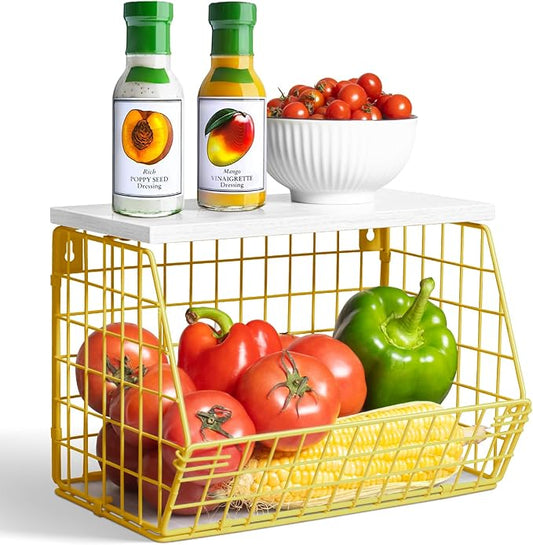 Gold Wire Basket for Organizing, Onion Storage, Hanging Wall Mount Fruit and Vegetable Storage for Pantry Organization, Sturdy Wire Metal Fruit Basket with Lid for Kitchen Laundry Countertop