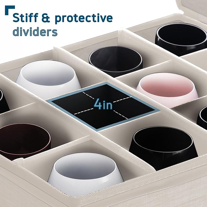 Hearth & Harbor Wine Glass Storage Box with Dividers, Quilted and Stackable Stemware Storage Cases, Service of 12 Glass China Container Hard Shell for Moving and Organization, Cream-NeatNest