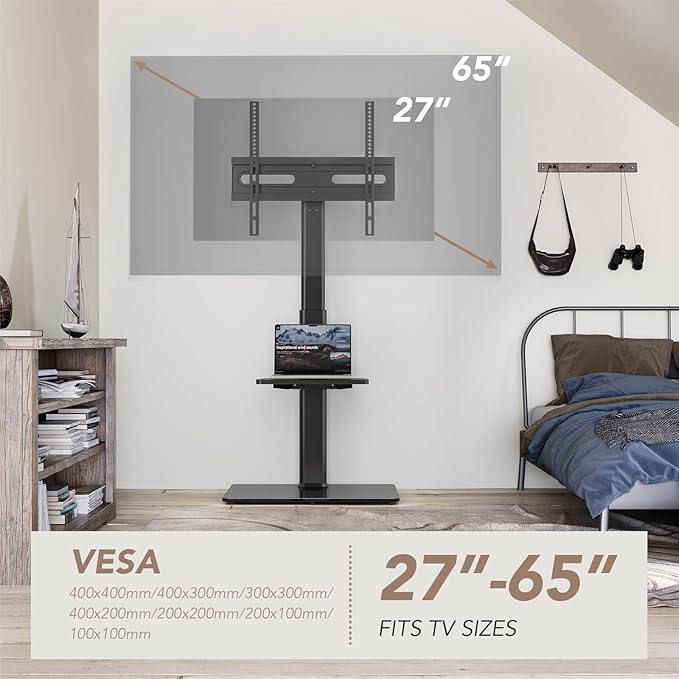 AX WABER Universal Floor TV Stand with Mount 70 Degree Swivel 9 Level Height Adjustable and Space Saving Design for Most 27 to 65 inch LCD, LED OLED TVs One Shelf
