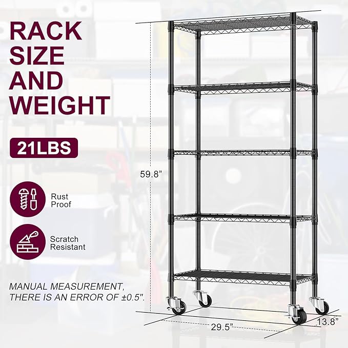 2 Pack 5-Tier Metal Wire Shelving Unit with Wheels & Feet, 14" D x 30" W x 60" H,750 lbs Capacity Adjustable Heavy Duty Steel Wire Rack Storage Shelves for Kitchen, Garage, Pantry