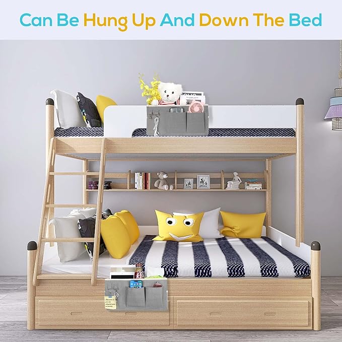 2pcs Bedside Caddy Hanging Storage Bag, Water Cup Holders, Organizer Baskets with Pockets for Bunk Bed Shelf, Hospital Beds, Loft & Dorm Rooms Accessories (Bedside bag-Grey)-NeatNest
