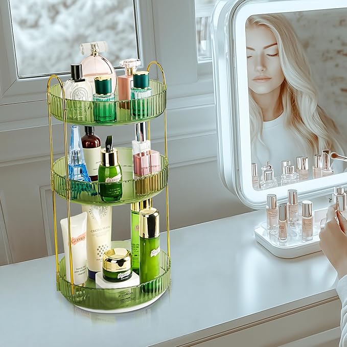 360 Rotating Makeup Organizer - Large Capacity Spinning Perfume & Cosmetic Skincare Holder for Vanity & Countertop (Gem Green, 3 Tier)-NeatNest