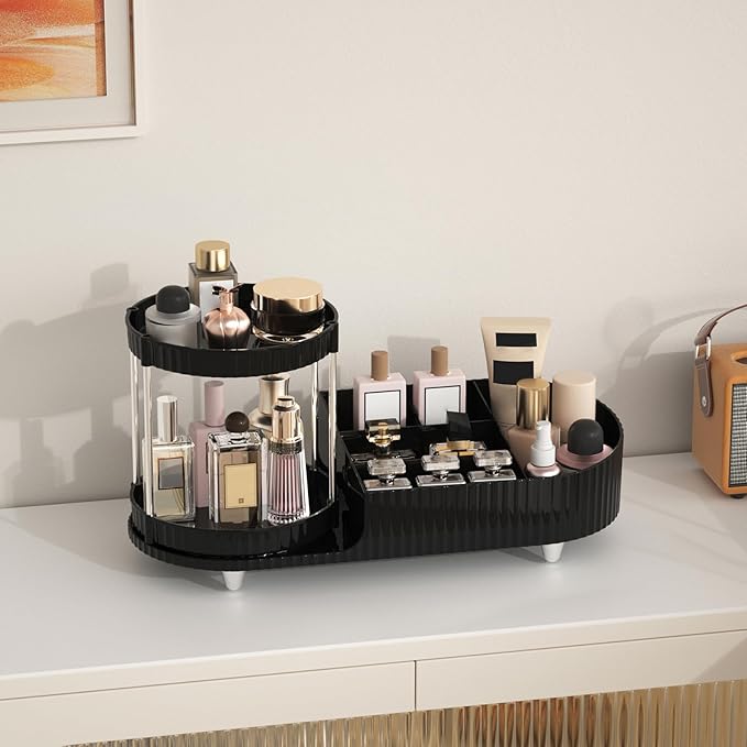 Makeup Organizer Countertop for Vanity with 360 Rotating Perfume Trays, 7-Compartment Skincare Organizers and Make Up Desk Storage, Cosmetic Organizer with Brush Holder for Bedroom Bathroom Counter-NeatNest