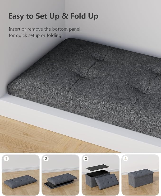 Folding Storage Ottoman Bench, Multi-Functional Ottoman Footrest, End of Bed Bench, Storage Chest for Living Room, Bedroom, Hallway, Entryway, Holds Up to 700 lbs (Dark Gray, 30 Inches)