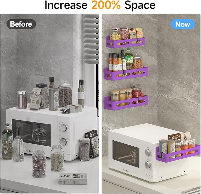 4 Pack Magnetic Spice Rack for Refrigerator, Spice Rack Organizer, Moveable Magnetic Shelf Fridge Organizer with 4 Hooks for Kitchen and Oven Organization, Black, Purple