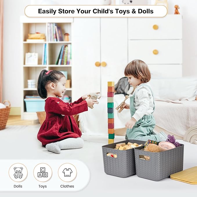 4 Packs Storage Bins with Bamboo Lids - Plastic Storage Containers with Lids Stackable Storage Box：Storage Baskets for Organizing Desktop Closet Playroom Classroom Office,Gray