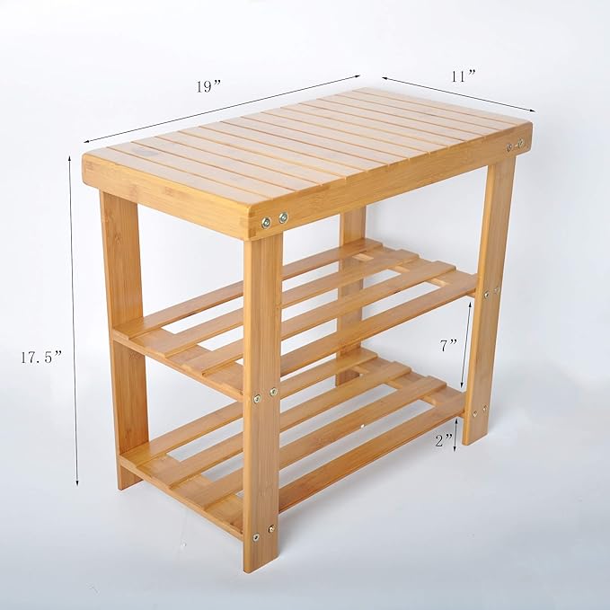 3-Tier Shoe Bench Small, Yellow-brown, Bamboo, 19.7" x 10.6" x 17.5"