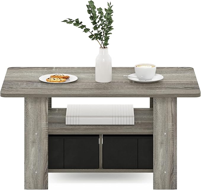 Furinno Andrey Coffee Table with Bin Drawer, French Oak Grey/Black-NeatNest