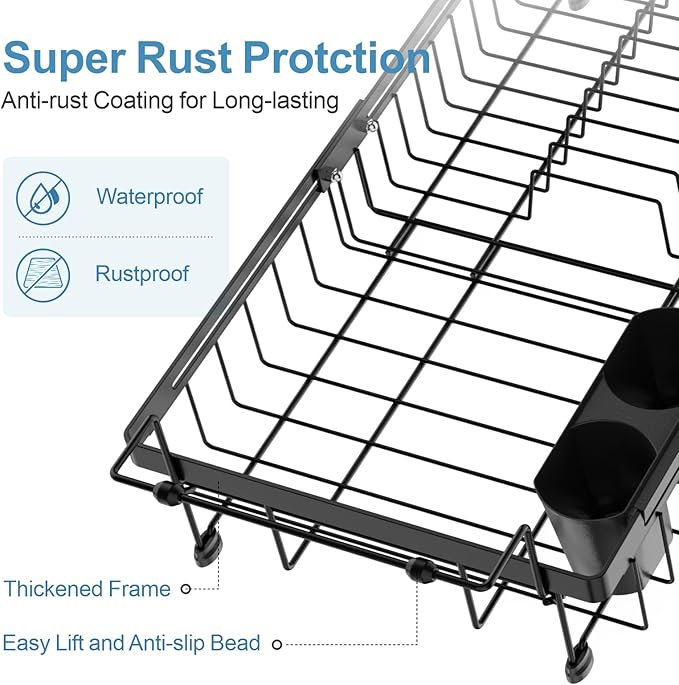 iSPECLE Expandable in Sink Dish Drying Rack - Adjustable Capacity Large Over The Sink Dish Drainer Drying Rack, Dish Rack with Utensil Holder, Black