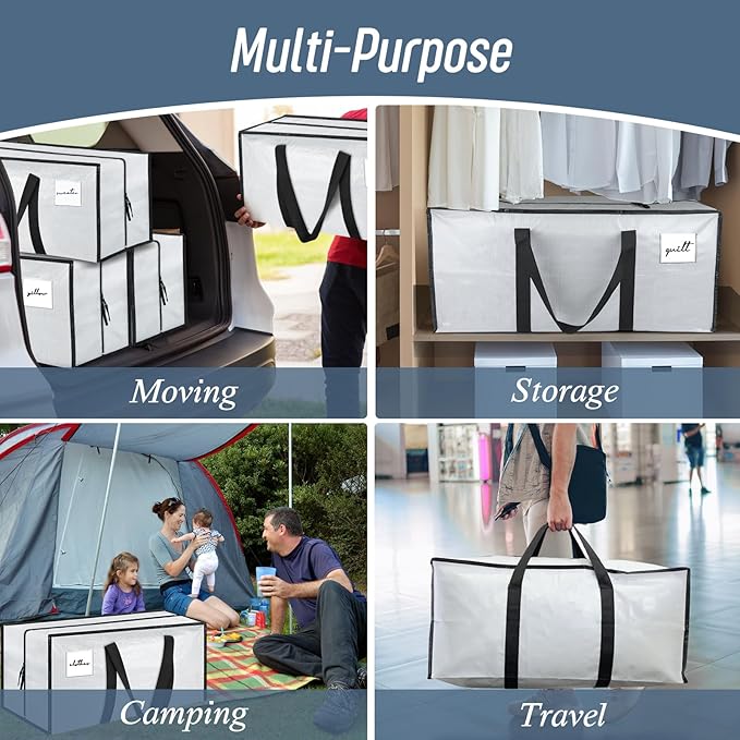 12 Pack Extra Heavy Duty Large Moving Bags with Strong Zipper & Comfortable Handles, Sturdy & Durable Clothes Storage Bags Totes Bins, Packing Moving Boxes for College Supplies, White-NeatNest