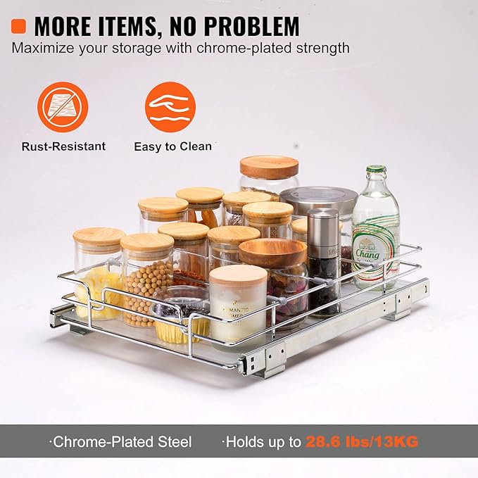 VEVOR 12.5"Wx16.5"Dx3.5"H Pull Out Cabinet Organizer, Heavy Duty Slide Out Pantry Shelves, Chrome-Plated Steel Roll Out Drawers Storage, for Home, Under Sink, 14"Wx17.5"Dx7"H Install Size for Cabinet-NeatNest