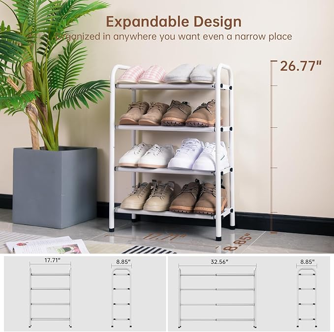 Gonfoam 4-Tier Expandable Shoe Rack,Adjustable Shoe Shelf Storage Organizer Heavy Duty Metal Free Standing Shoe Rack for Entryway Closet Doorway (White)-NeatNest