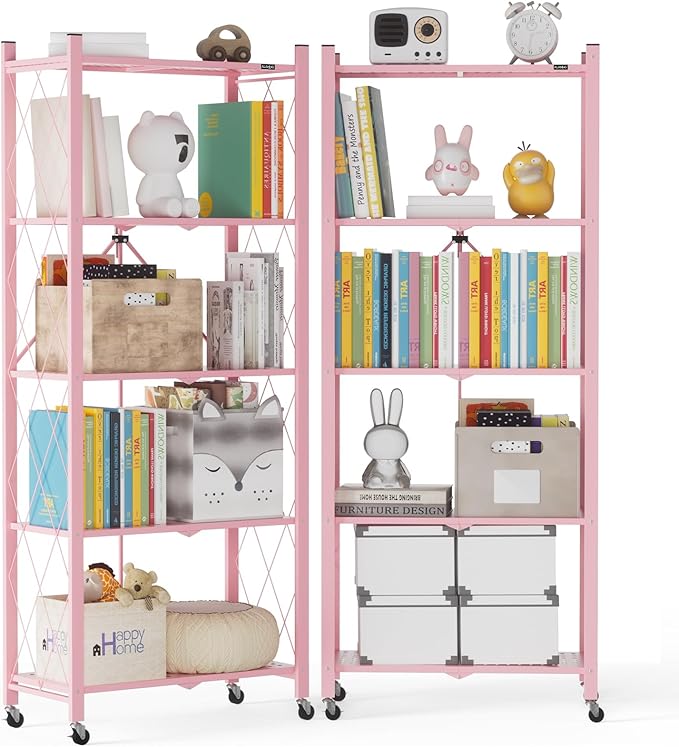 ALANNG 2-Pack Folding Bookshelf on Wheels, Cute Rolling Shelves for Bedroom, Colorful Storage Cart for Kids Rooms, Nursery, No Assembly Metal Book Shelf (5 Tier, Pink)