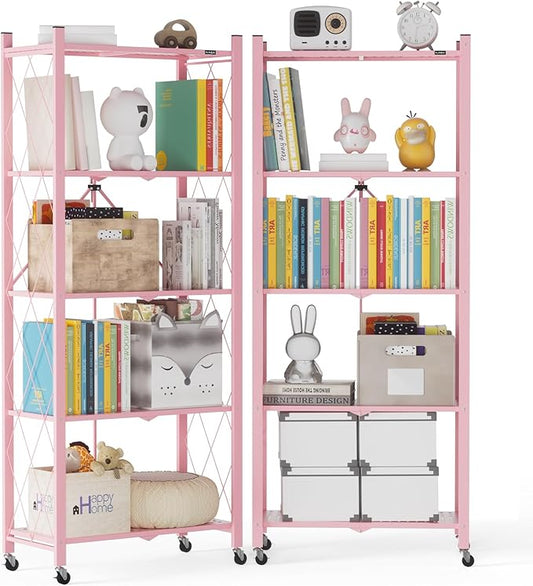 ALANNG 2-Pack Folding Bookshelf on Wheels, Cute Rolling Shelves for Bedroom, Colorful Storage Cart for Kids Rooms, Nursery, No Assembly Metal Book Shelf (5 Tier, Pink)