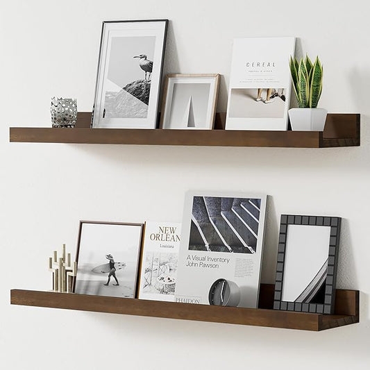 Floating Shelves for Wall, 24 inch Solid Wood Picture Ledge Shelf, Picture Shelf for Wall with Ledge, Floating Book Shelves for Living Room Bedroom Kitchen Nursery Decor, Walnut, Set of 2-NeatNest