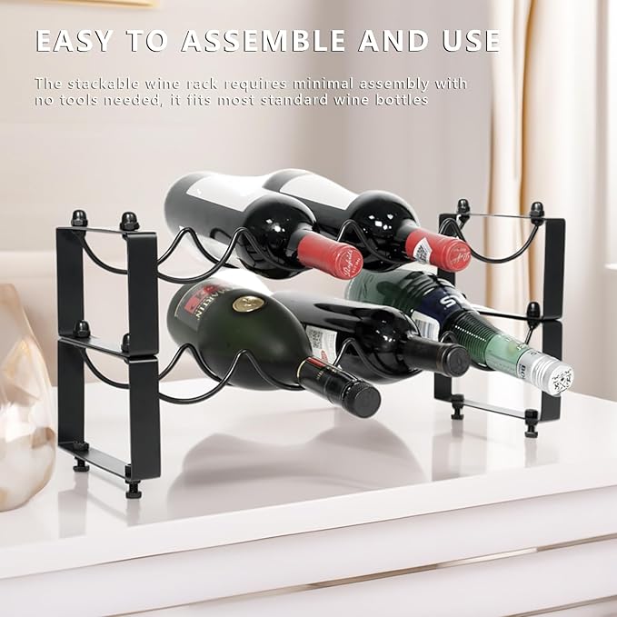 2 Tiered 8-Bottle Metal Wine Rack - Sturdy Wave Design with Reinforced Base | Stackable, Space-Saving Bar, Countertop, or Cabinet Storage (2)