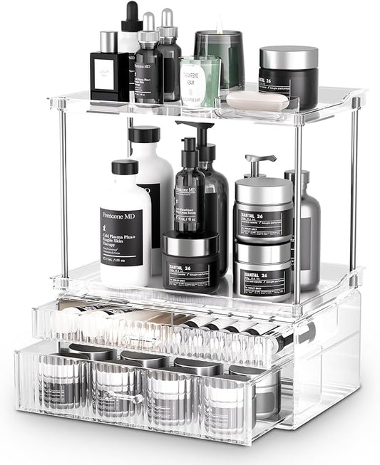 2-Tier 2-Drawer Bathroom Countertop Organizer : Large Multi-Purpose Makeup Vanity Organizer - Perfume & Skincare Storage Amber Clear-NeatNest