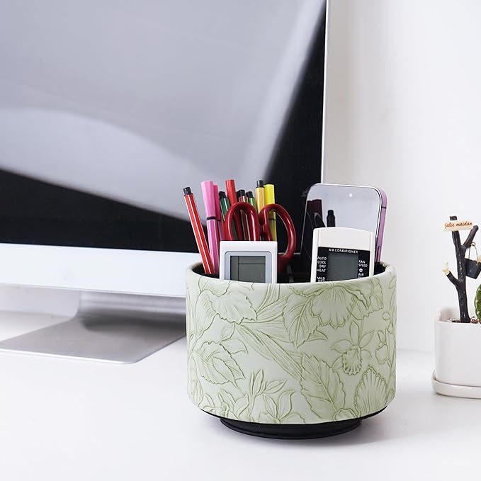 Hennaja Round Leather Art Supply Organizer,Remote Control Holder,360 Degree Spinning,Multi-Functional Pencil Holder,4 Compartments Desktop Stationary Organizer(1-Carved Green)-NeatNest