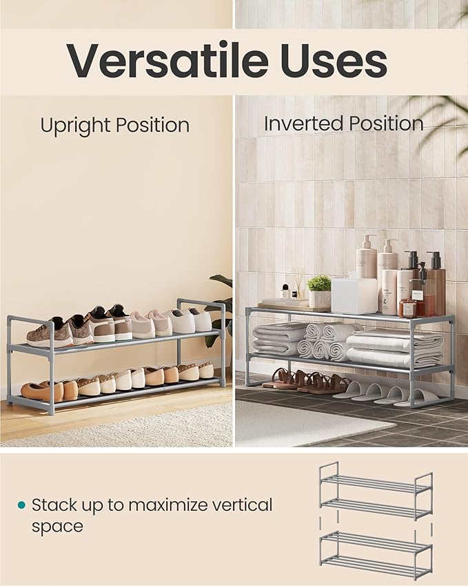 SONGMICS Shoe Rack, 2-Tier Shoe Organizer, Metal Storage Shelf, Upright or Upside Down, for 12-15 Pairs, Stackable, for Entryway, 11.8 x 36.2 x 13.4 Inches, Gray ULSA012G01-NeatNest