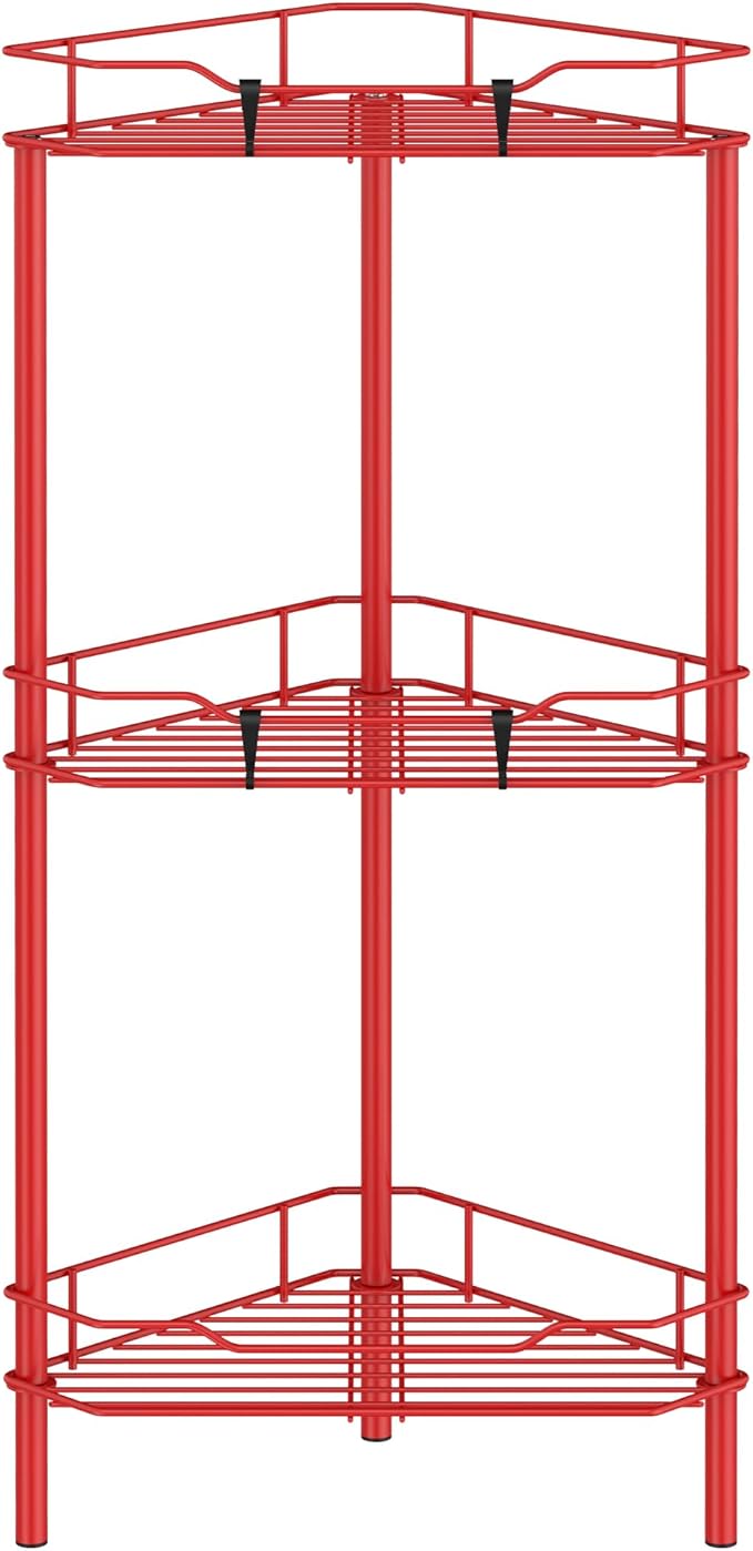 3 Tier Floor Standing Corner Shower Caddy Organizer Shelf with Hooks, Bathroom Shelves Stand Rack, Red