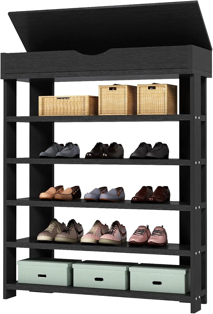 soges 5-Tier Wooden Shoe Rack with Storage Cabinet, 29.5 inches Vertical Free Standing Shoe Shelf, Shoe Organizer Storage Cabinet for Entryway, Living Room, Hallway, Doorway, Black-NeatNest