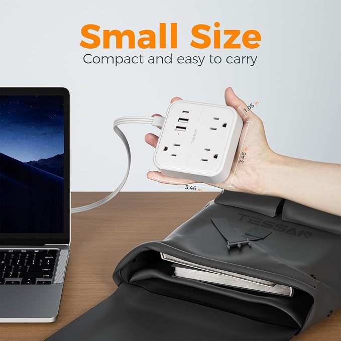 Extension Cord with Multiple Outlets 5 FT, TESSAN Small Flat Plug Power Strip with 3 USB (1 USB C) and 3 AC, Surge Protector Charging Station for Office, School, Dorm Room Essentials, White-NeatNest
