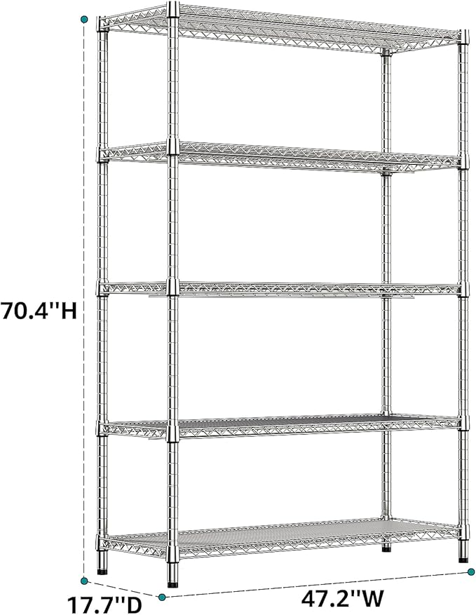 IZEUK 4250 LBS Garage Shelving Wide Storage Shelves 5 Tier Metal Shelves Heavy Duty Adjustable Utility Shelf Rack Chrome 17.7" D x 47.2" W x 70.4" H-NeatNest