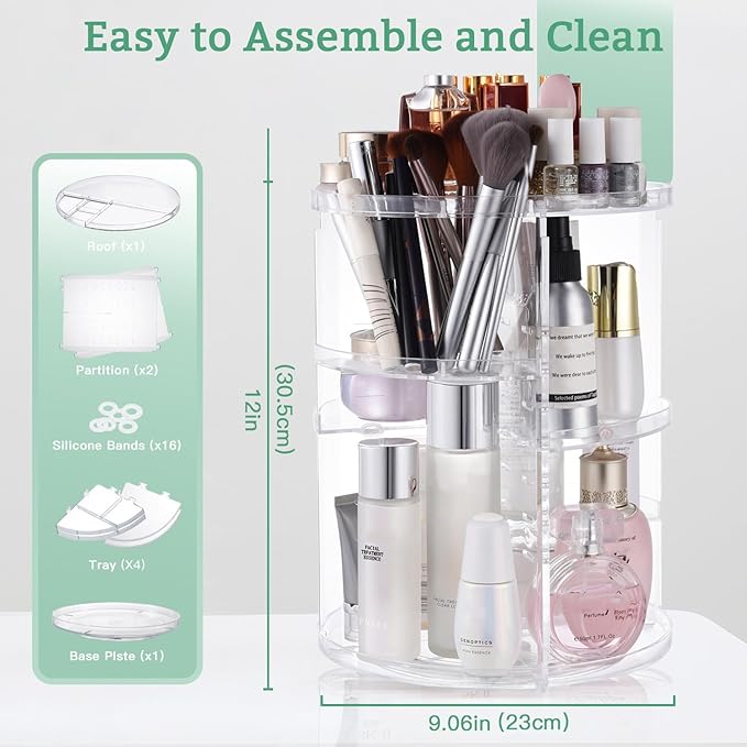 360 Rotating Makeup Organizer,DIY Adjustable Spinning Holder,Foldable Cosmetic Storage Display box,Large Capacity Make up Caddy Shelf,Fits Countertop Vanity and Bathroom (CLEAR)-NeatNest