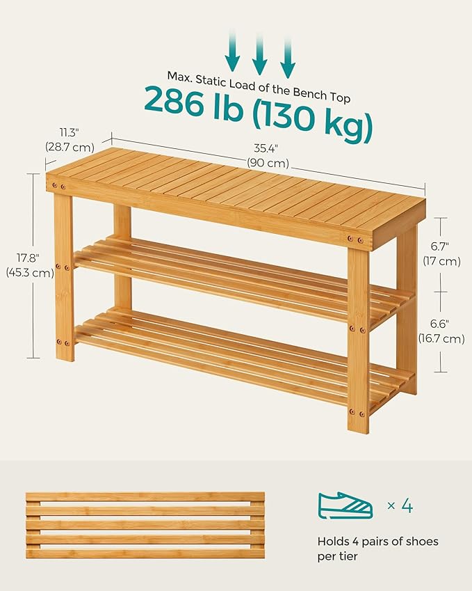 SONGMICS Shoe Rack Bench, 3-Tier Bamboo Shoe Storage Organizer, Entryway Bench, Holds Up to 286 lb, 11.3 x 35.4 x 17.8 Inches, for Entryway Bathroom Bedroom, Natural ULBS90N-NeatNest